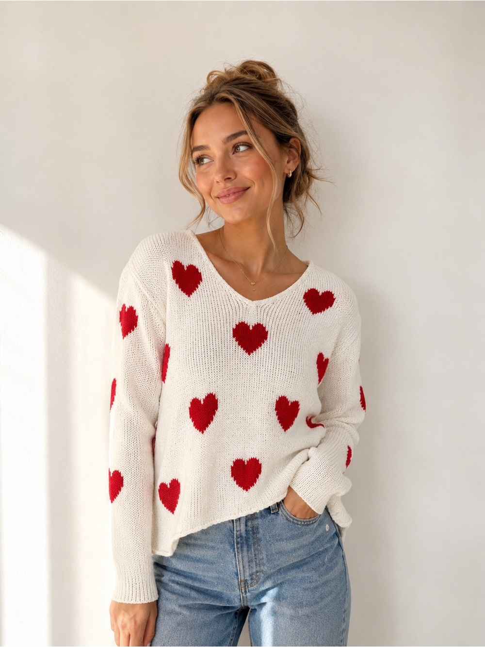 WOODEN SHIPS Mini Hearts Cream Red V Neck Sweater Small Medium